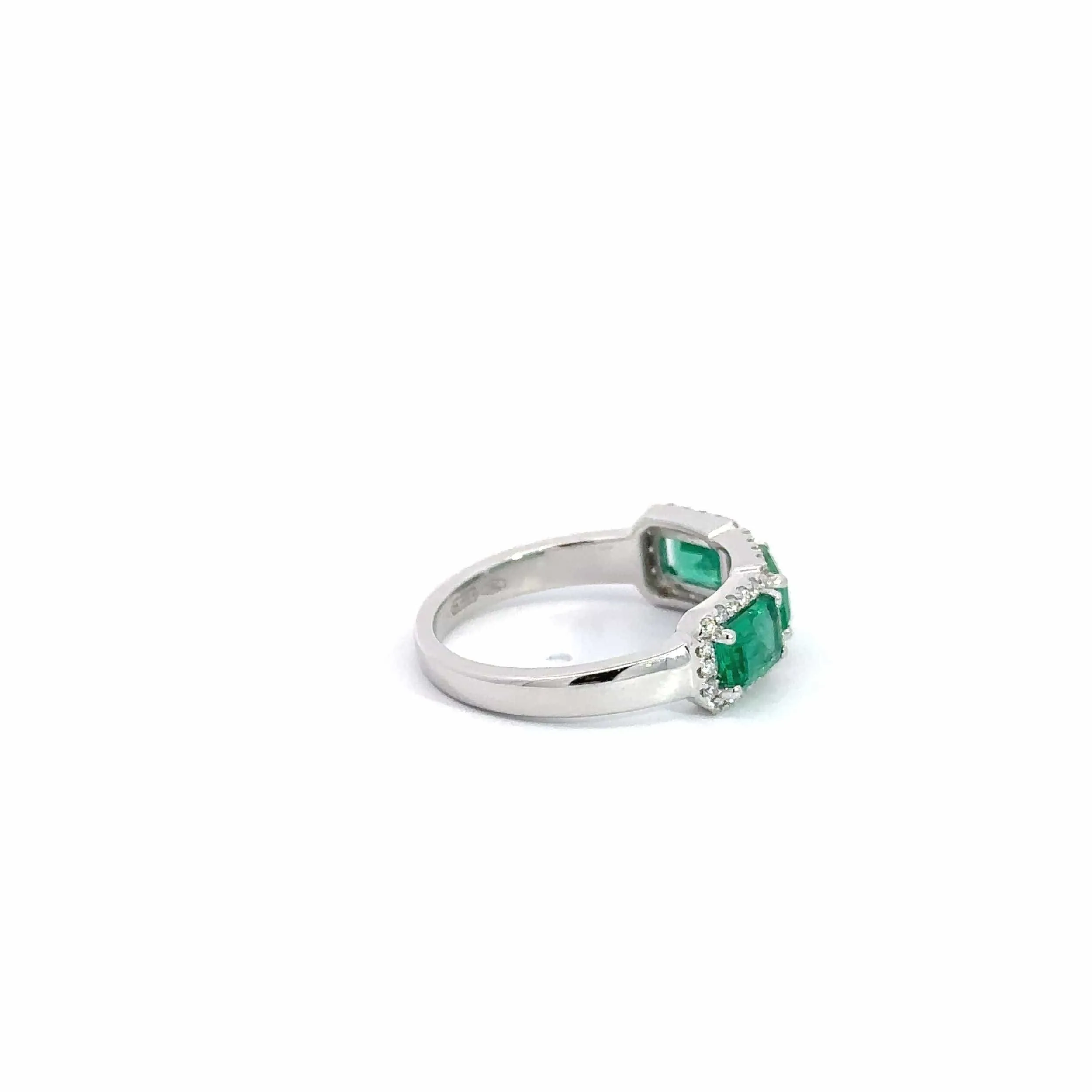 18k White Gold AA Emerald Three Stones Set Halo Band Ring