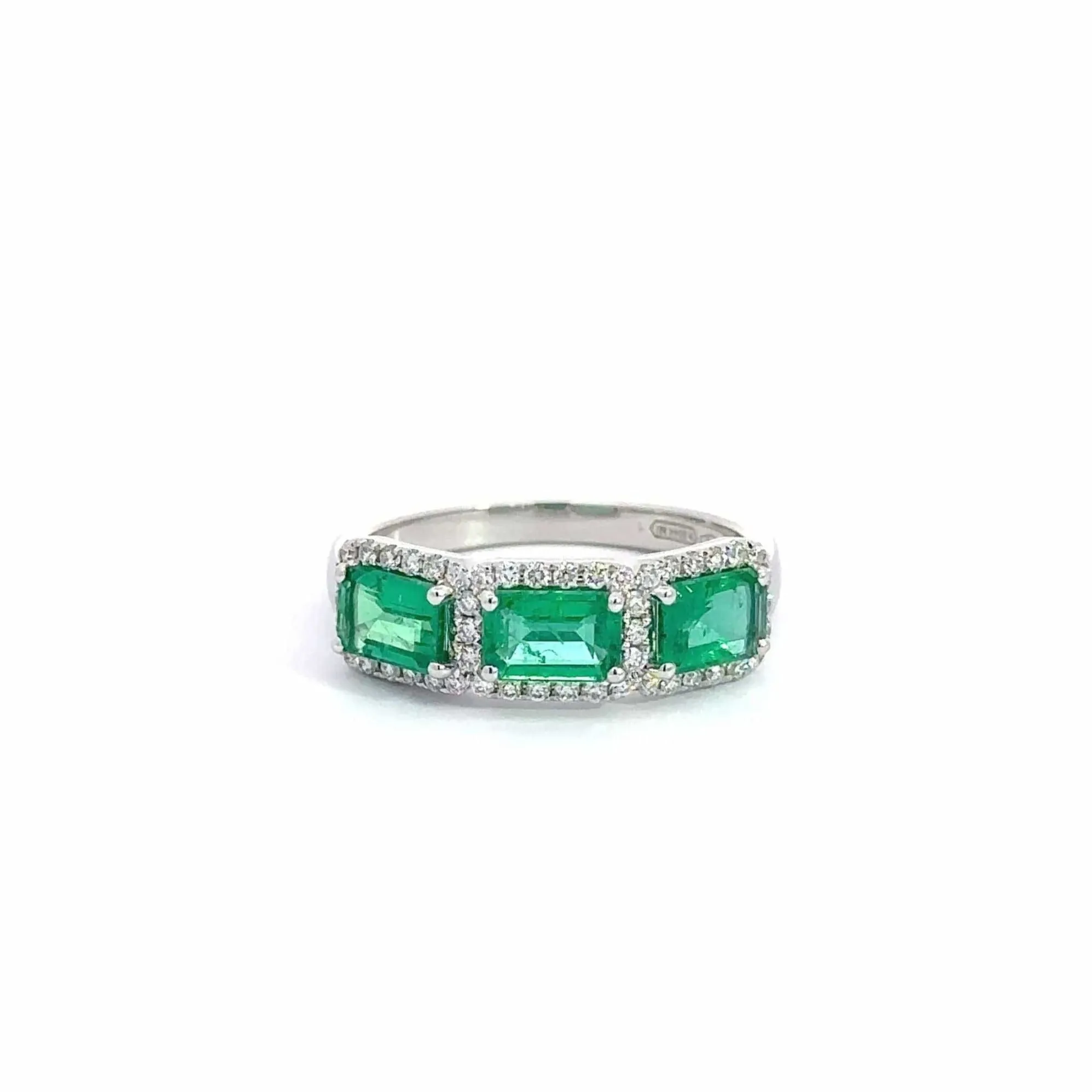 18k White Gold AA Emerald Three Stones Set Halo Band Ring