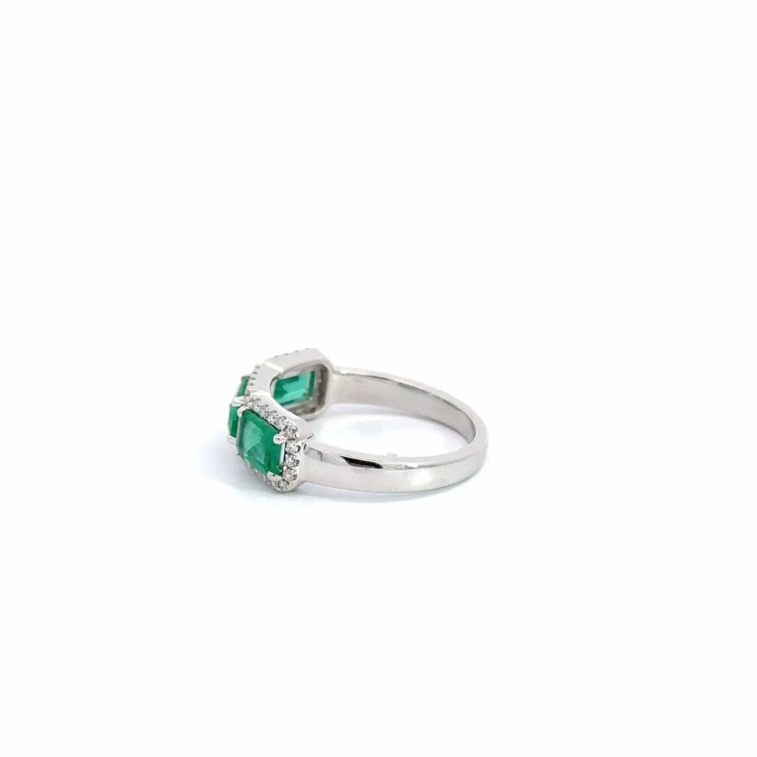 18k White Gold AA Emerald Three Stones Set Halo Band Ring