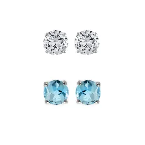 18k White Gold Plated 1Ct Created White Sapphire and Blue Topaz 2 Pair Round Stud Earrings