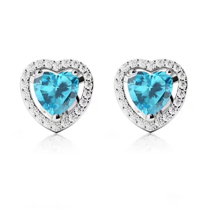 18k White Gold Plated 2 Ct Created Halo Heart Blue Topaz Stud Earrings