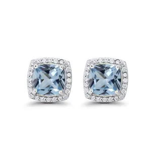 18k White Gold Plated 3 Ct Created Halo Princess Cut Aquamarine Stud Earrings