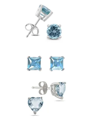 18k White Gold Plated 3Cttw 8mm Created Aquamarine 3 Pair Round, Square and Heart Stud Earrings