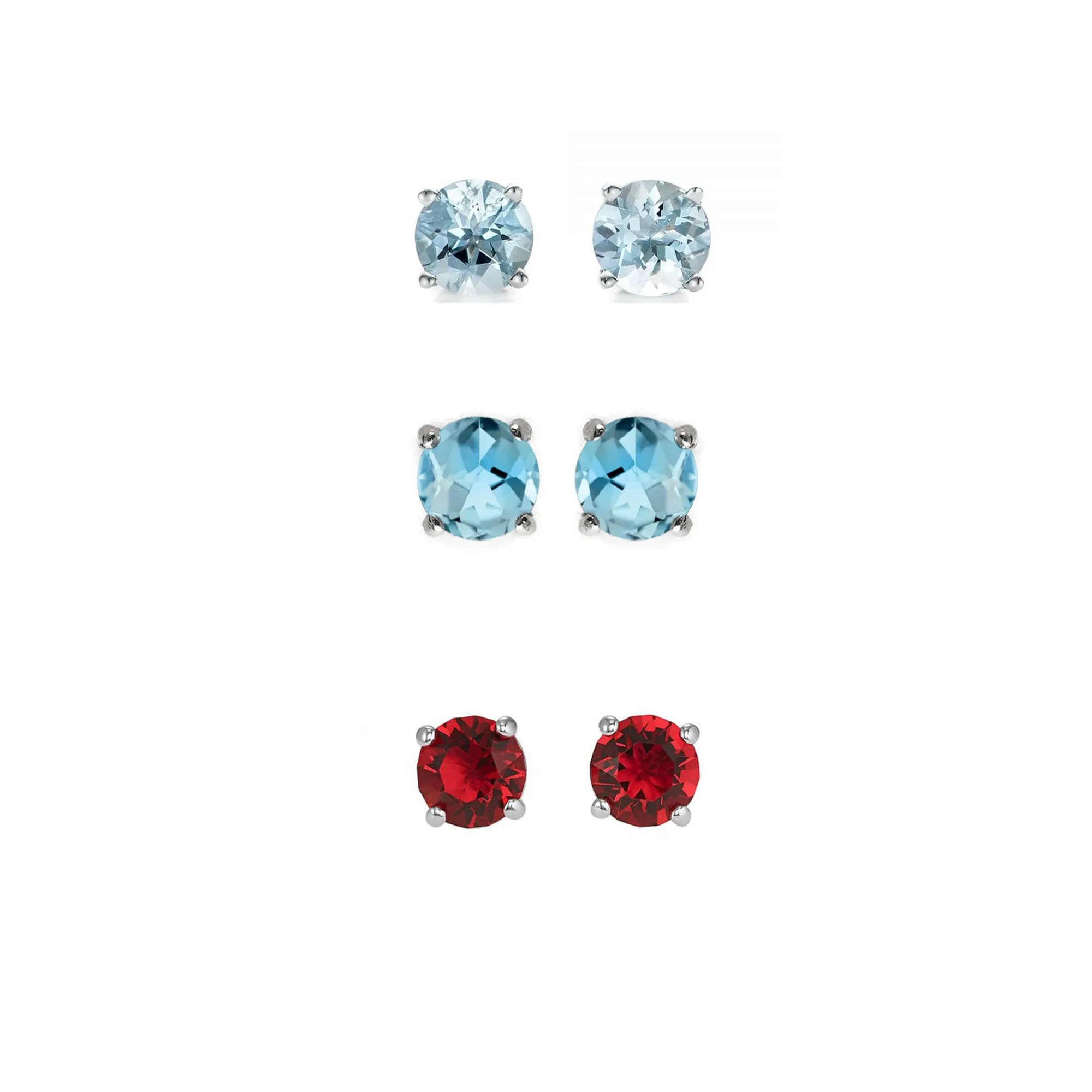 18k White Gold Plated 4Ct Created Aquamarine, Blue Topaz and Ruby 3 Pair Round Stud Earrings