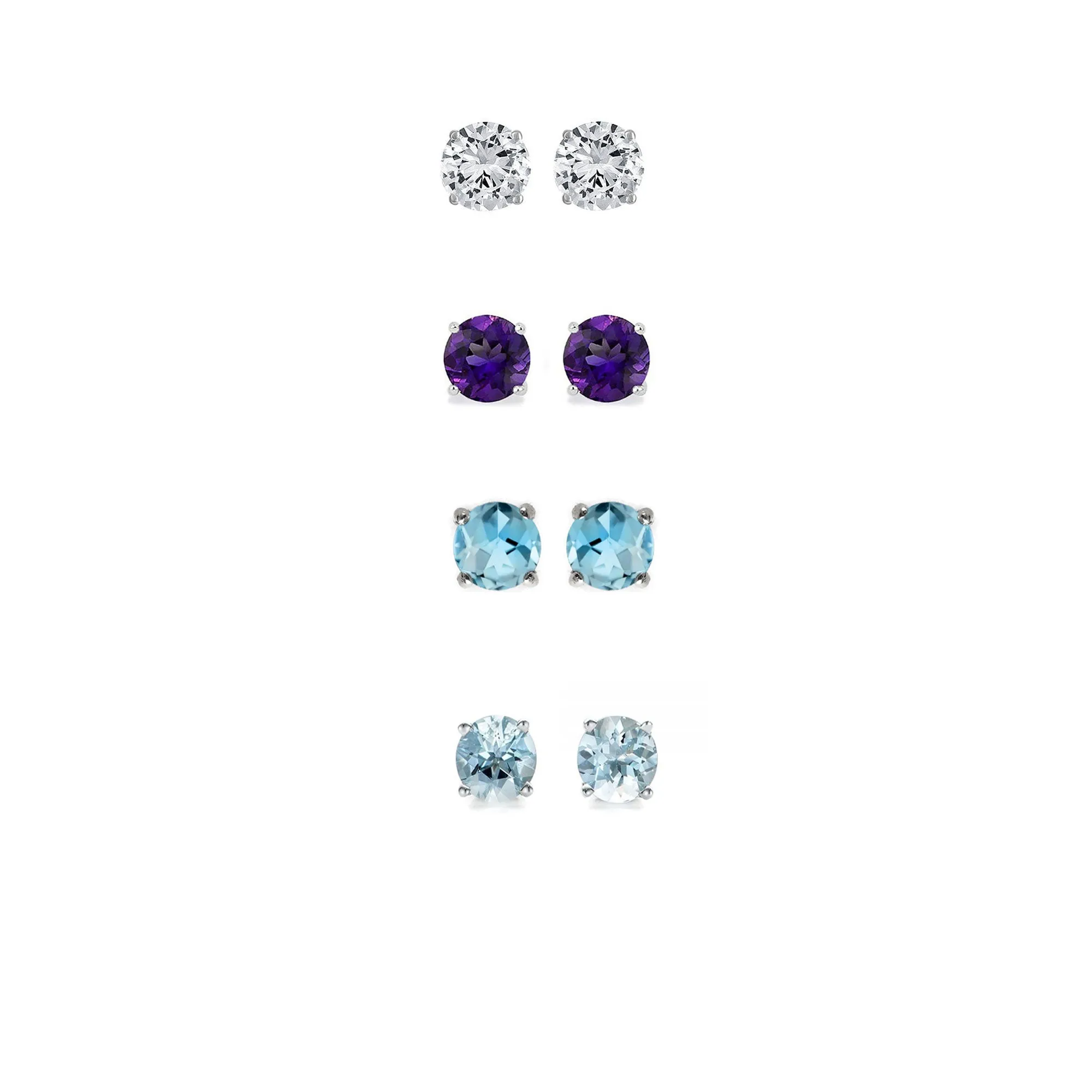 18k White Gold Plated 4Ct Created White Sapphire, Amethyst, Blue Topaz and Aquamarine 4 Pair Round Stud Earrings