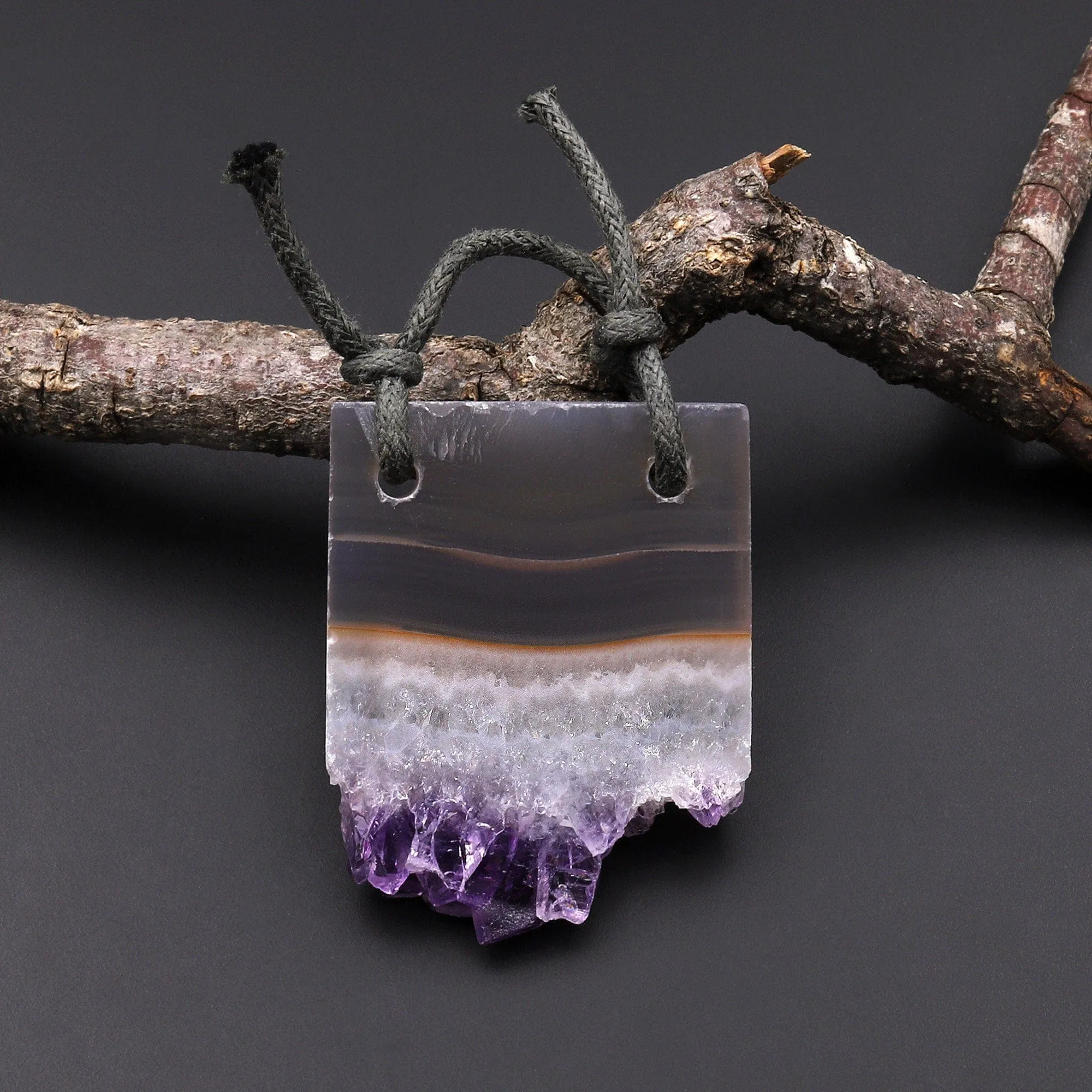 2 Hole Pendant Natural Smoky Quartz White Purple Amethyst Stalactite Druzy Pendant Drilled Flat Slice Long Rectangle P0148