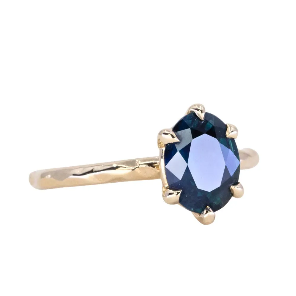 2.06ct Oval Deep Teal Madagascar Sapphire Six Prong Evergreen Solitaire in 14k Yellow Gold