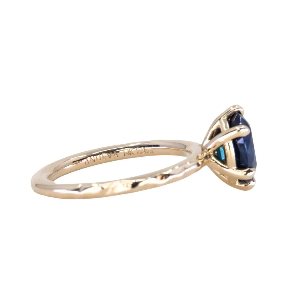 2.06ct Oval Deep Teal Madagascar Sapphire Six Prong Evergreen Solitaire in 14k Yellow Gold