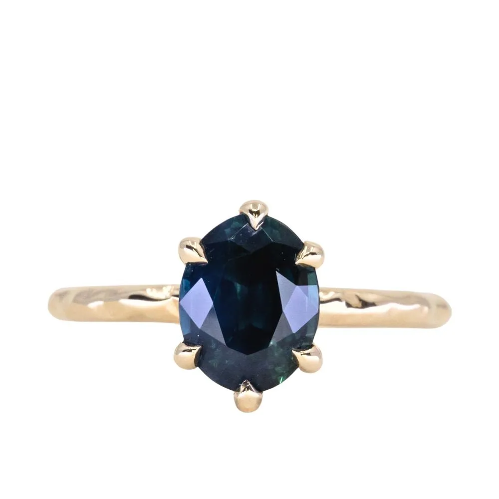 2.06ct Oval Deep Teal Madagascar Sapphire Six Prong Evergreen Solitaire in 14k Yellow Gold