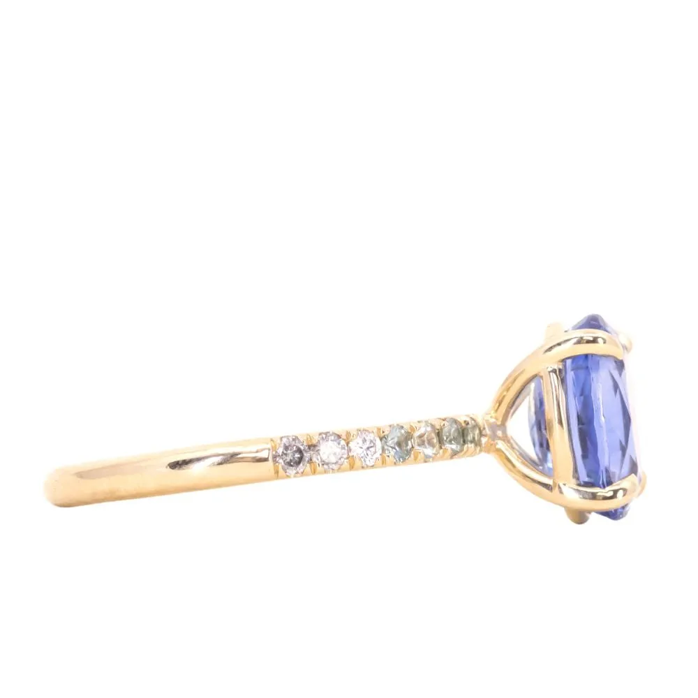 2.44ct Oval Madagascar Sapphire with French Set Montana Sapphires and Salt & Pepper Diamond Solitaire in 14k Yellow Gold