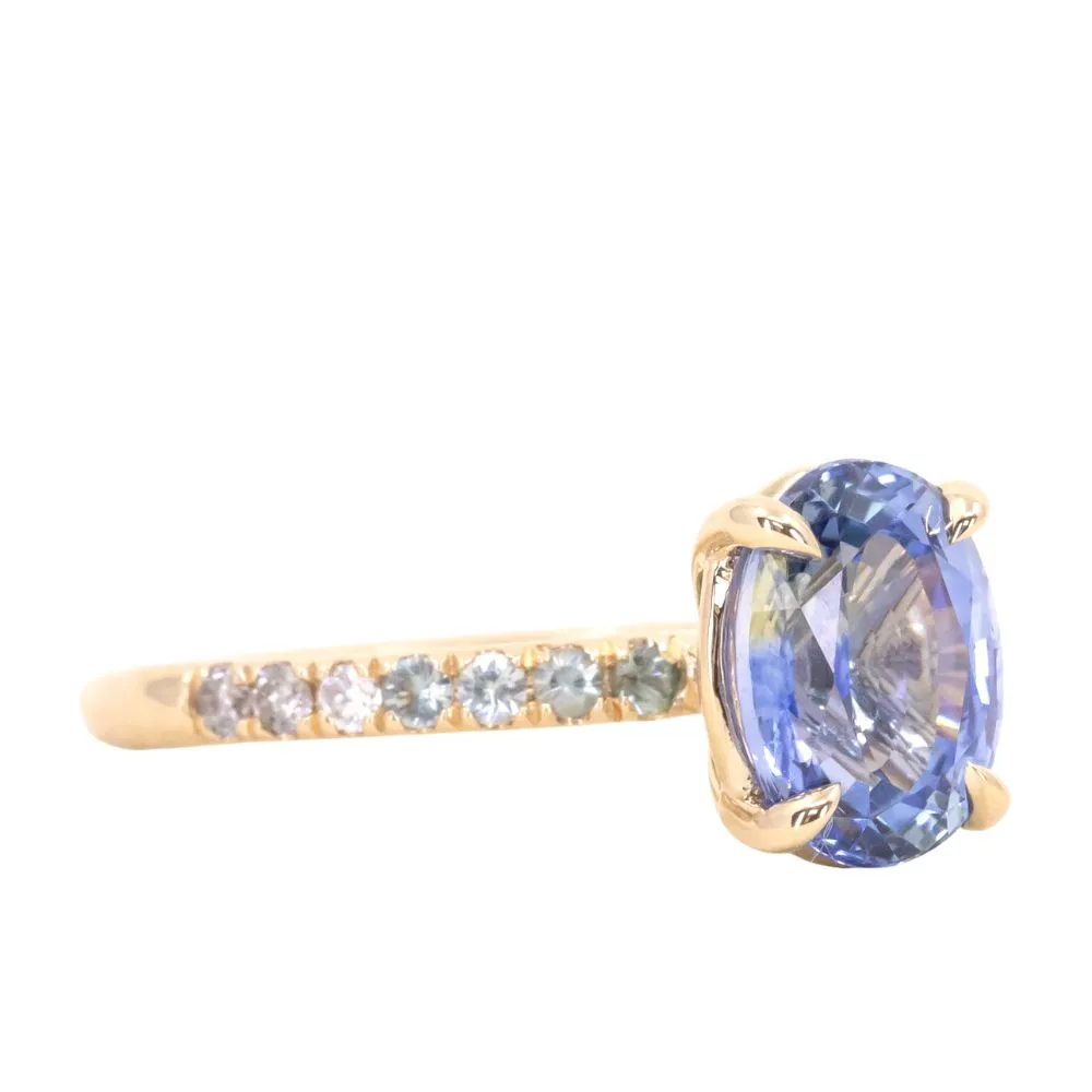 2.44ct Oval Madagascar Sapphire with French Set Montana Sapphires and Salt & Pepper Diamond Solitaire in 14k Yellow Gold