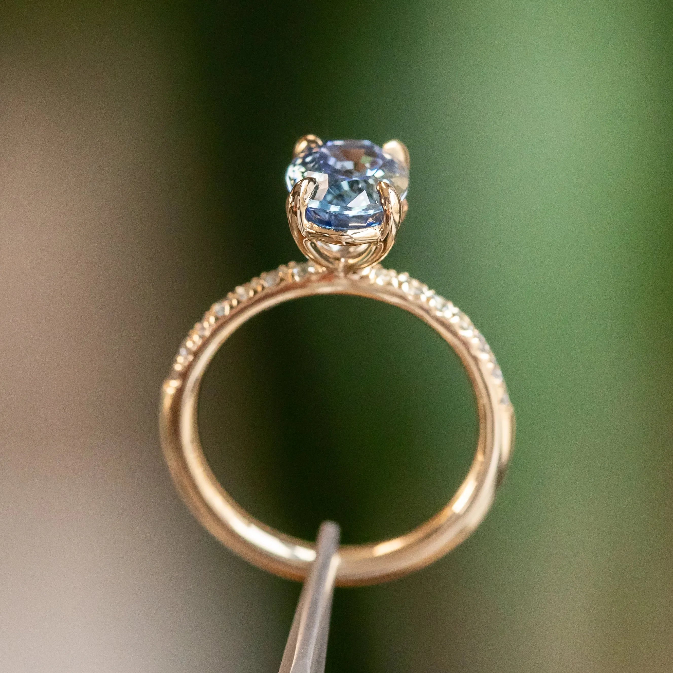 2.44ct Oval Madagascar Sapphire with French Set Montana Sapphires and Salt & Pepper Diamond Solitaire in 14k Yellow Gold