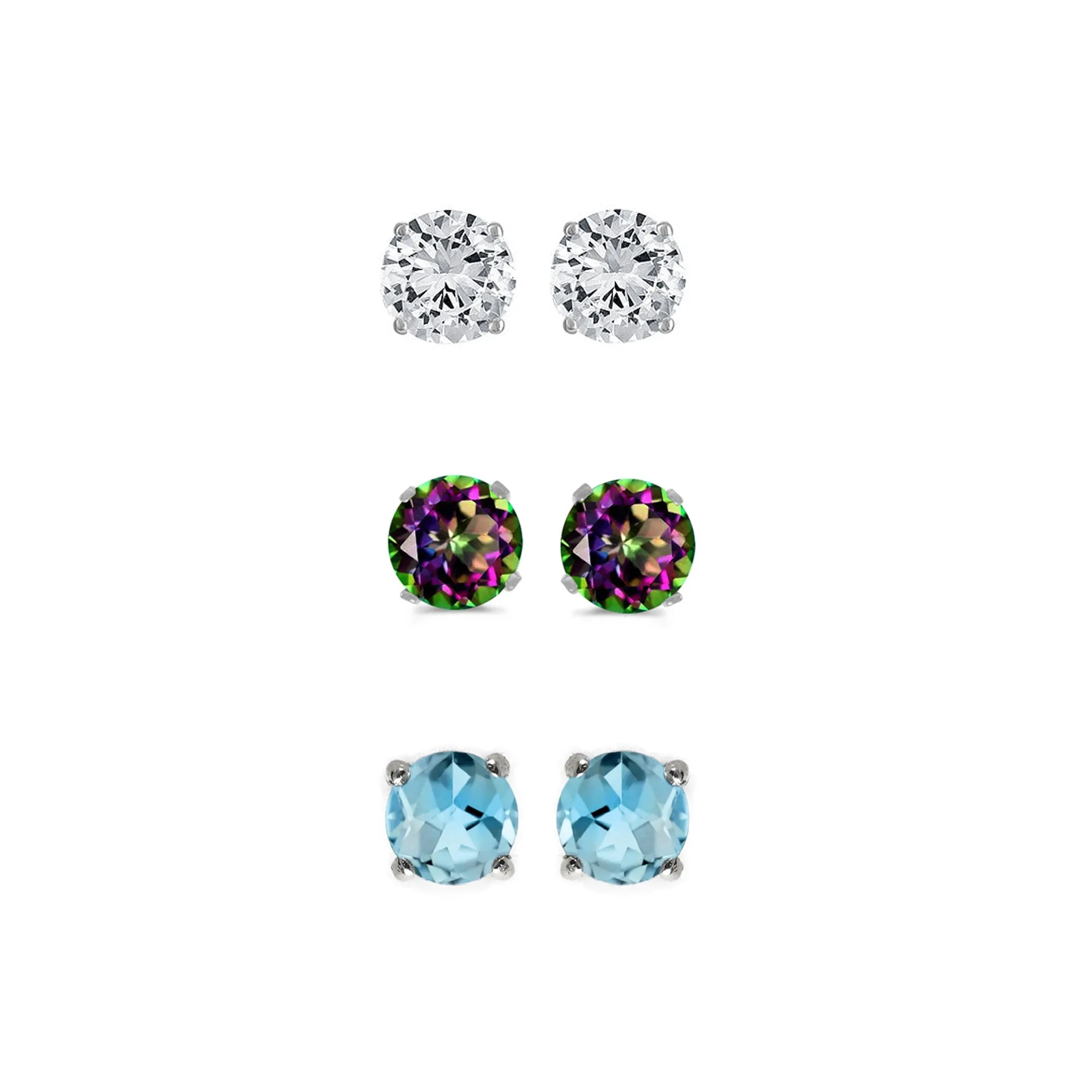 24k White Gold Plated 1/2Ct Created White Sapphire, Mystic Topaz and Blue Topaz 3 Pair Round Stud Earrings