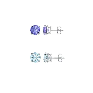 24k White Gold Plated 1Ct Created Tanzanite and Aquamarine 2 Pair Round Stud Earrings