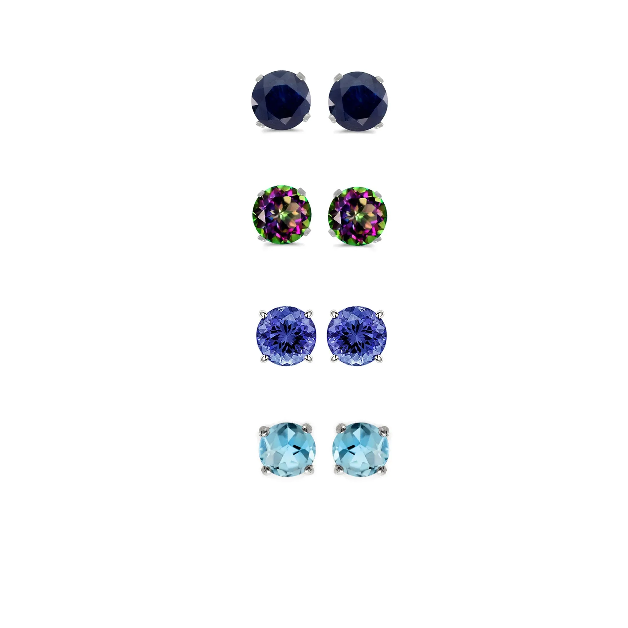 24k White Gold Plated 3Ct Created Black Sapphire, Mystic Topaz, Tanzanite and Blue Topaz 4 Pair Round Stud Earrings