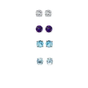 24k White Gold Plated 4Ct Created White Sapphire, Amethyst, Blue Topaz and Aquamarine 4 Pair Round Stud Earrings