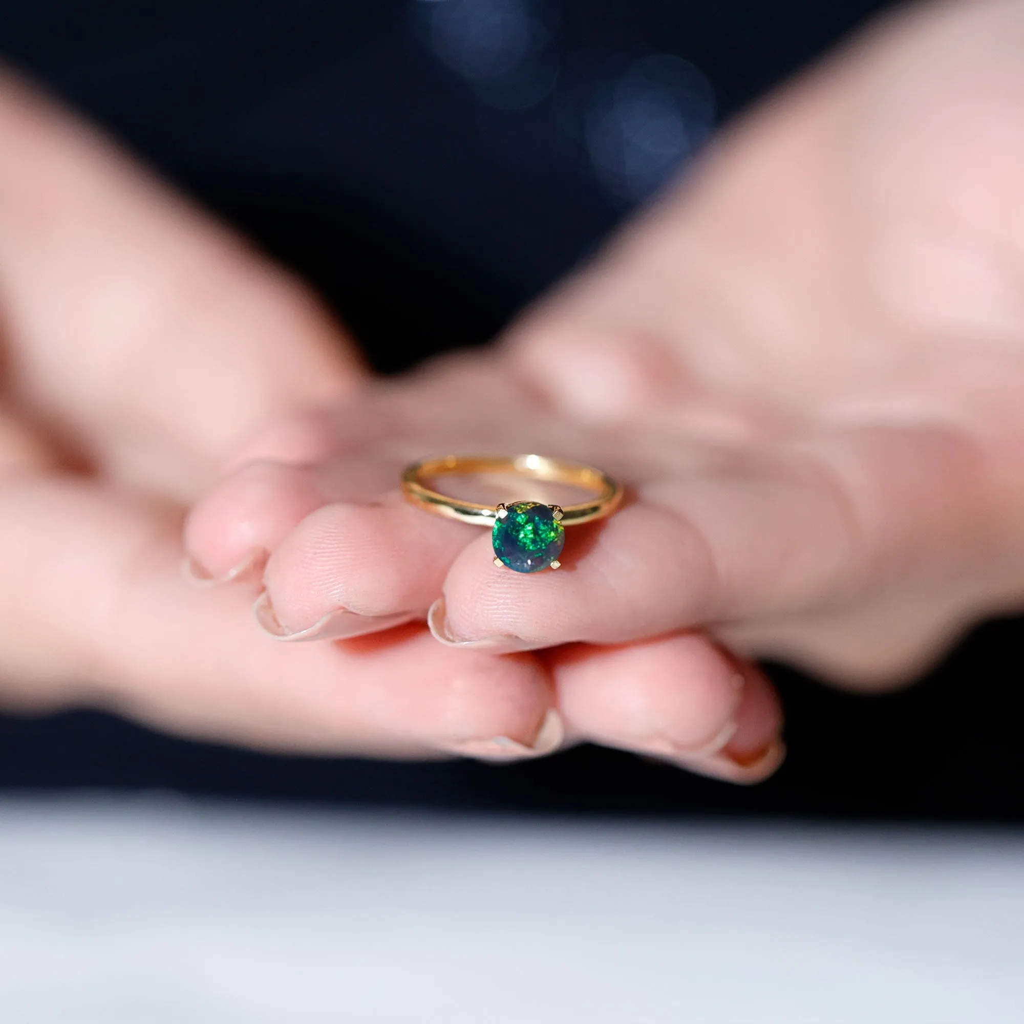 3/4 CT Round Black Opal Solitaire Ring in Gold