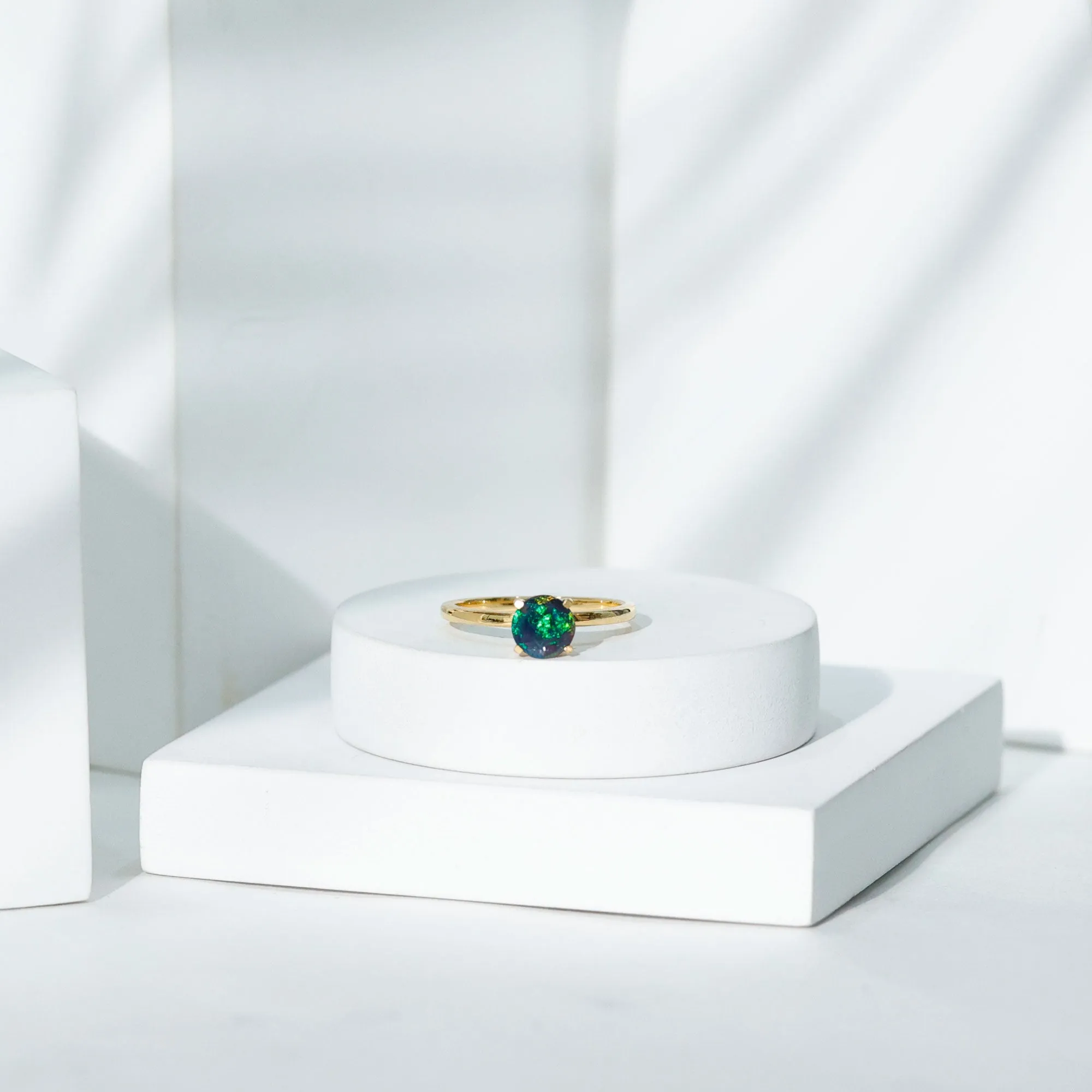 3/4 CT Round Black Opal Solitaire Ring in Gold