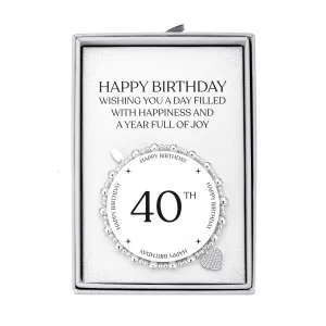 40th Birthday Heart Charm Stretch Bracelet with Quote Gift Box