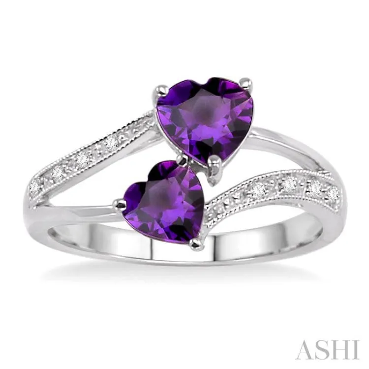 5 & 6MM Heart Shape Amethyst and 1/20 Ctw Round Cut Diamond Ring in 14K White Gold