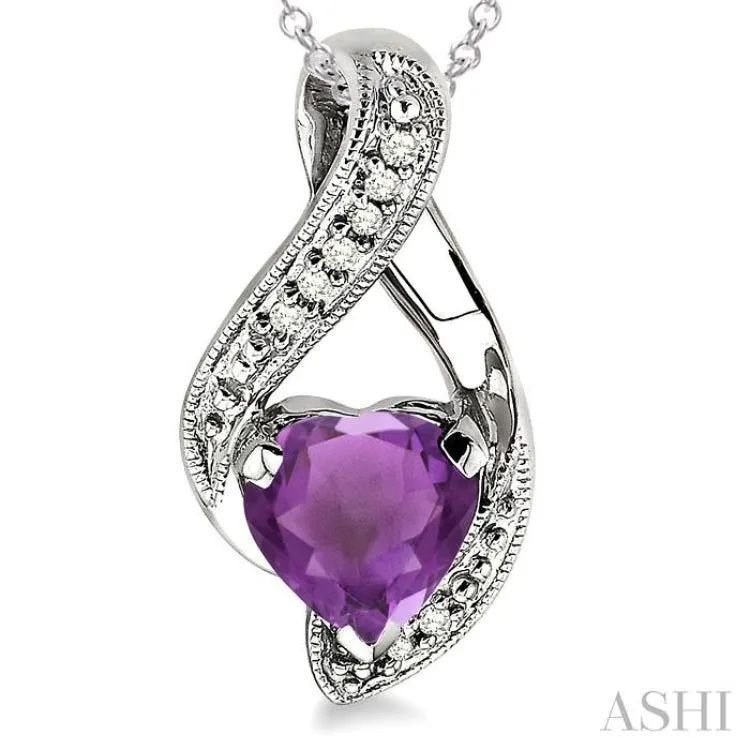 7x7MM Heart Shape Amethyst and 1/20 Ctw Single Cut Diamond Pendant in Sterling Silver with Chain