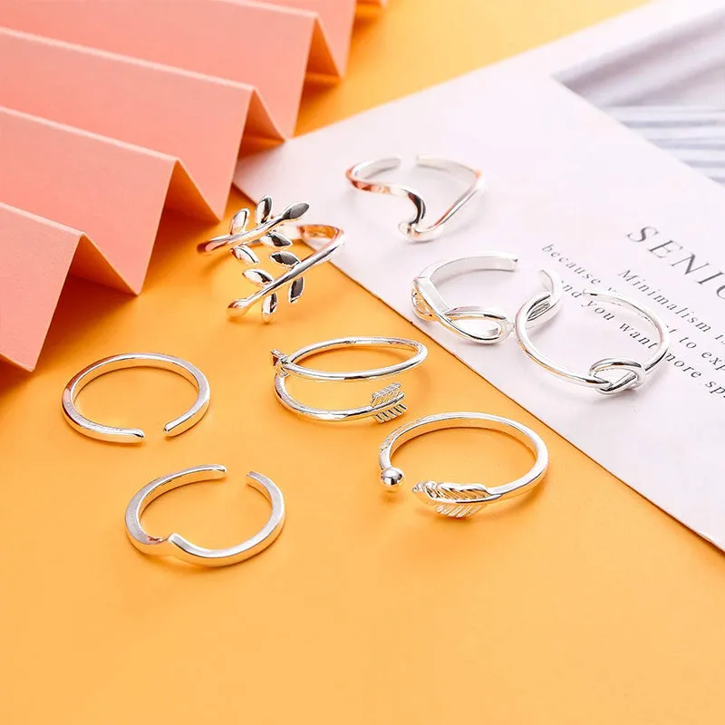 8 Pieces Arrow Knot Wave Adjustable Open Rings Set