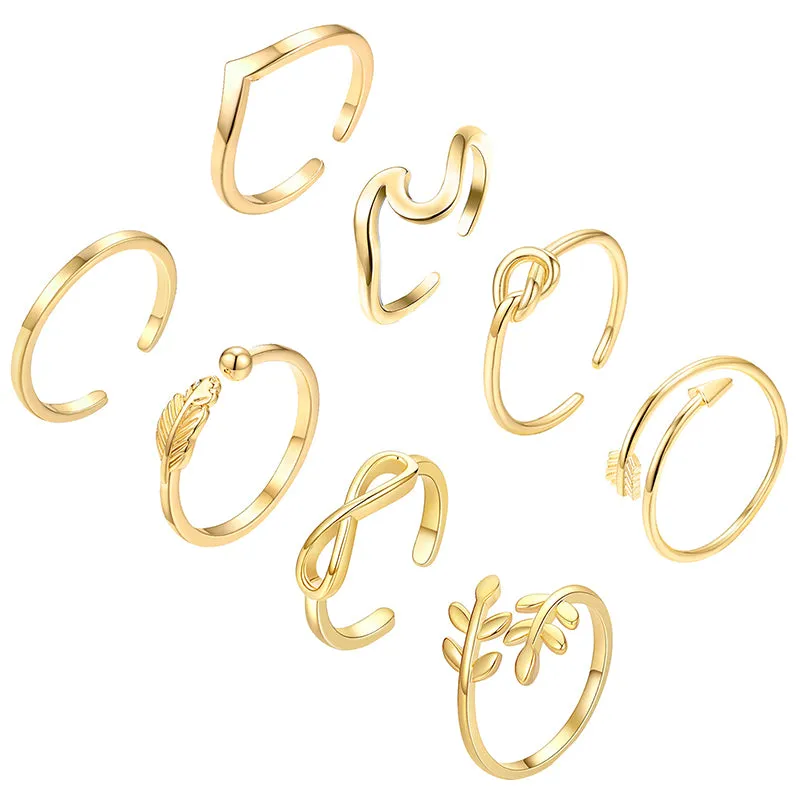 8 Pieces Arrow Knot Wave Adjustable Open Rings Set