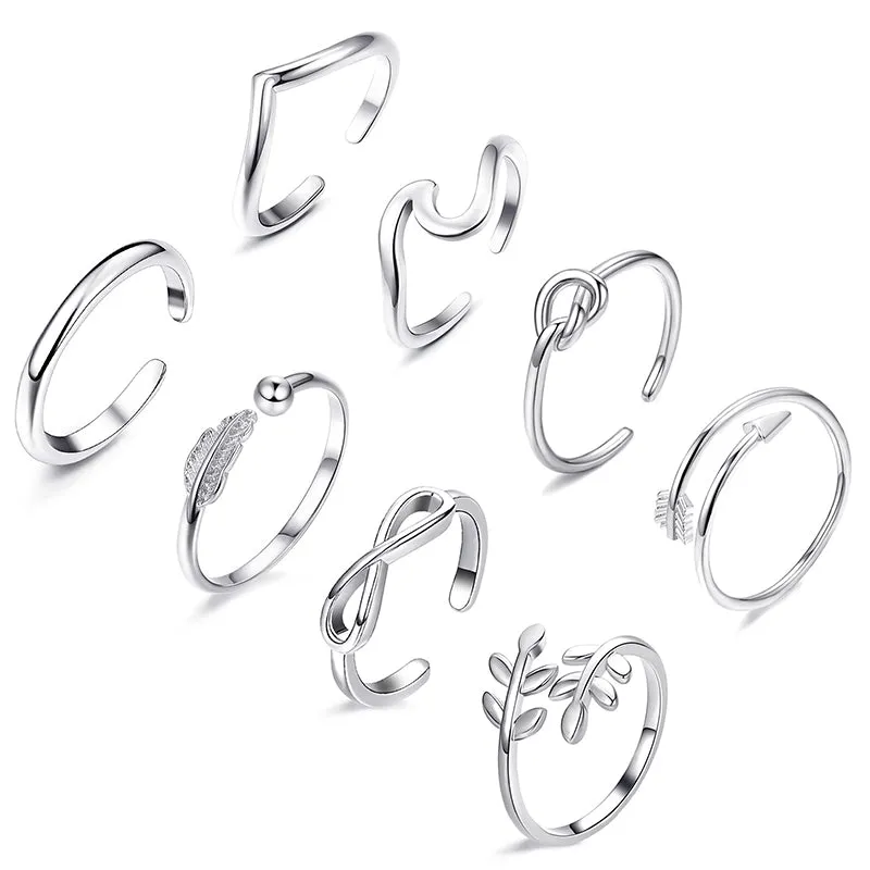 8 Pieces Arrow Knot Wave Adjustable Open Rings Set