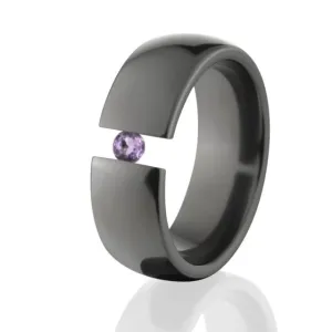 8mm Tension Set Ring, Black Zirconium Ring, Amethyst Ring