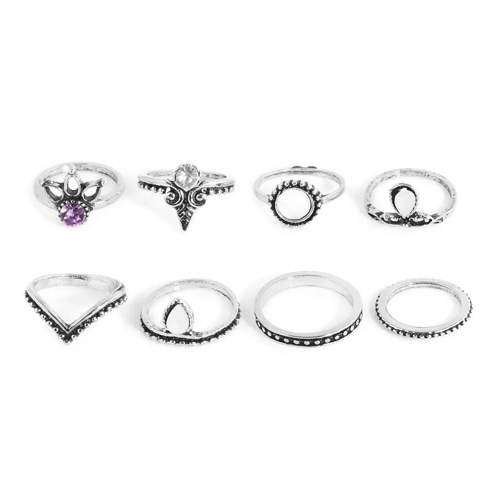 8pcs Retro Anti SilverLucky Stackable Midi Rings Set for Women