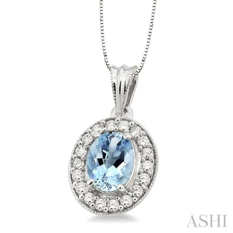 8x6mm Oval Cut Aquamarine and 1/3 Ctw Round Cut Diamond Pendant in 14K White Gold with Chain