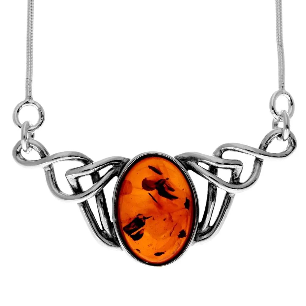 925 Sterling Silver & Genuine Baltic Amber Classic Celtic Necklace on Snake Chain with extender - 6105