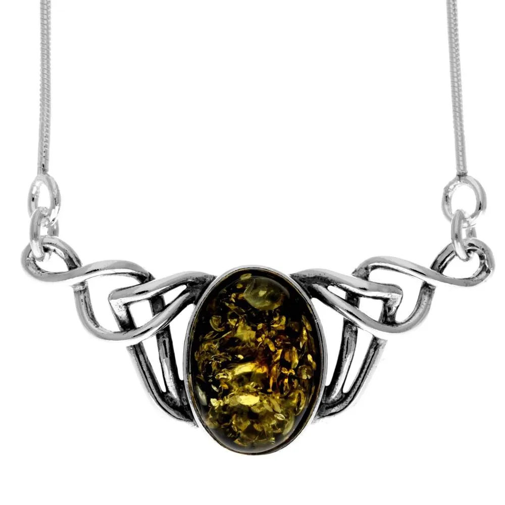 925 Sterling Silver & Genuine Baltic Amber Classic Celtic Necklace on Snake Chain with extender - 6105