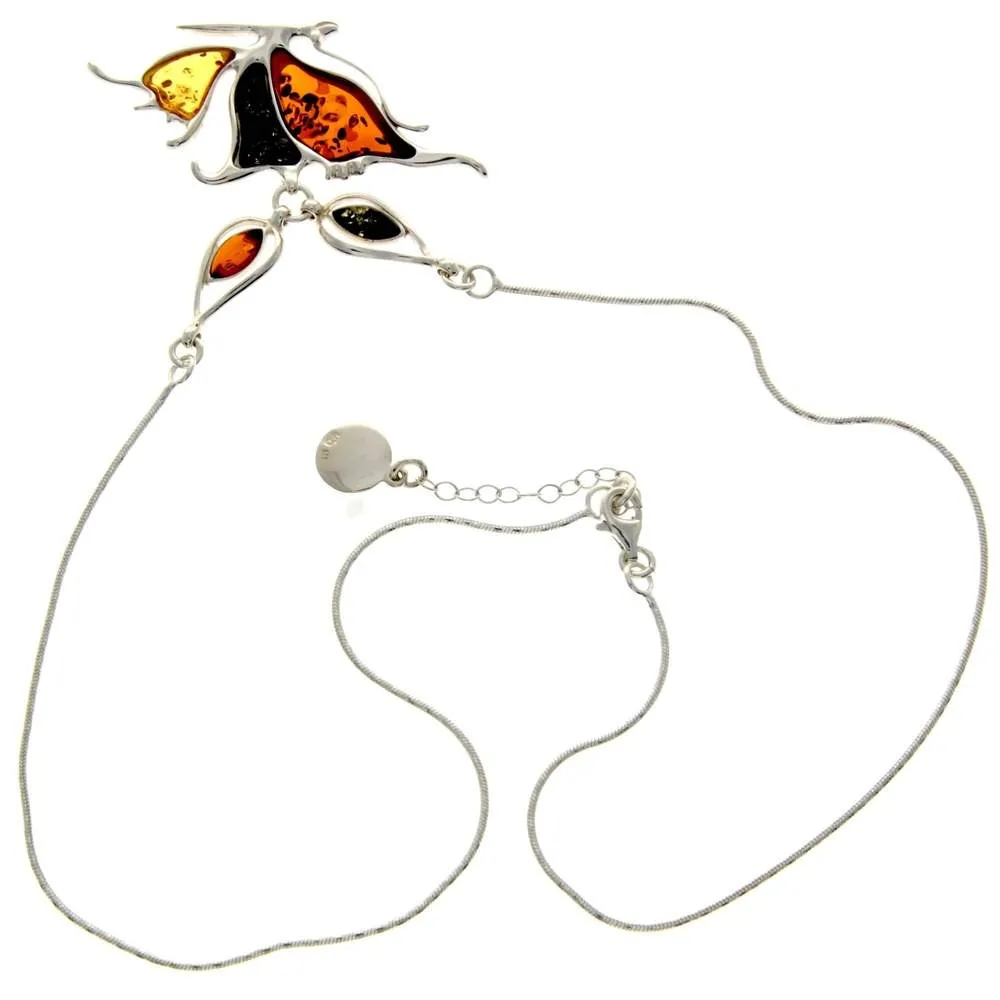 925 Sterling Silver & Genuine Baltic Amber Multi Stones Butterfly Modern Exclusive Necklace - AD901