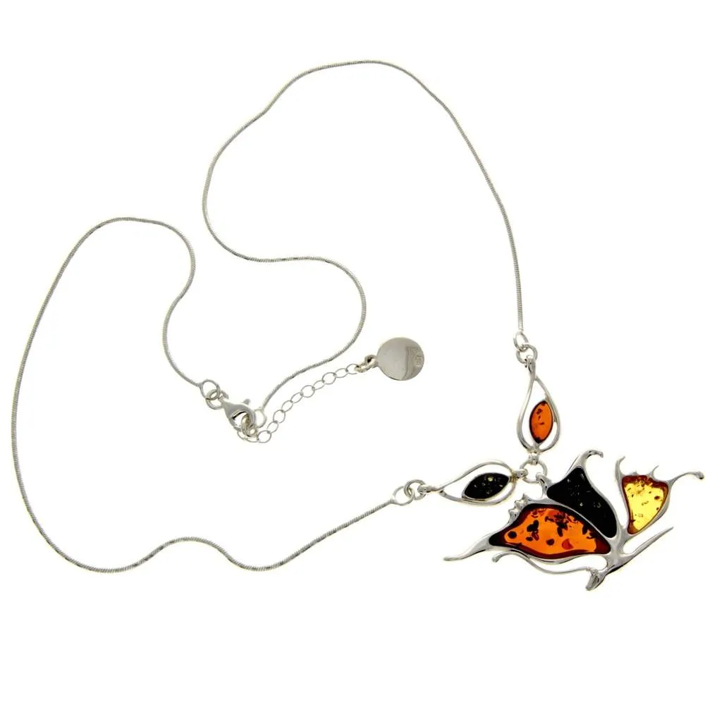 925 Sterling Silver & Genuine Baltic Amber Multi Stones Butterfly Modern Exclusive Necklace - AD901