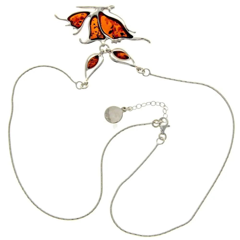 925 Sterling Silver & Genuine Baltic Amber Multi Stones Butterfly Modern Exclusive Necklace - AD901