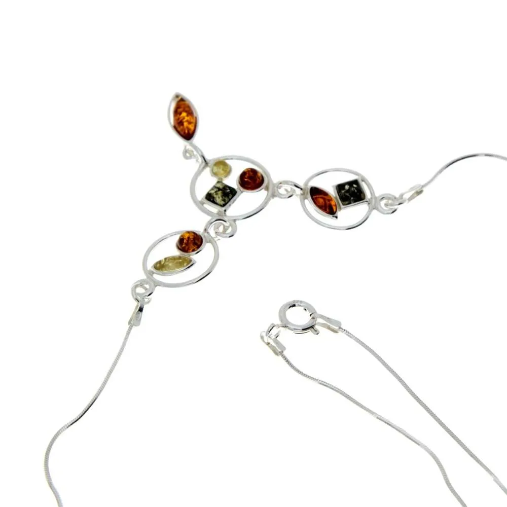 925 Sterling Silver & Genuine Baltic Amber Multi Stones Modern Necklace - M912