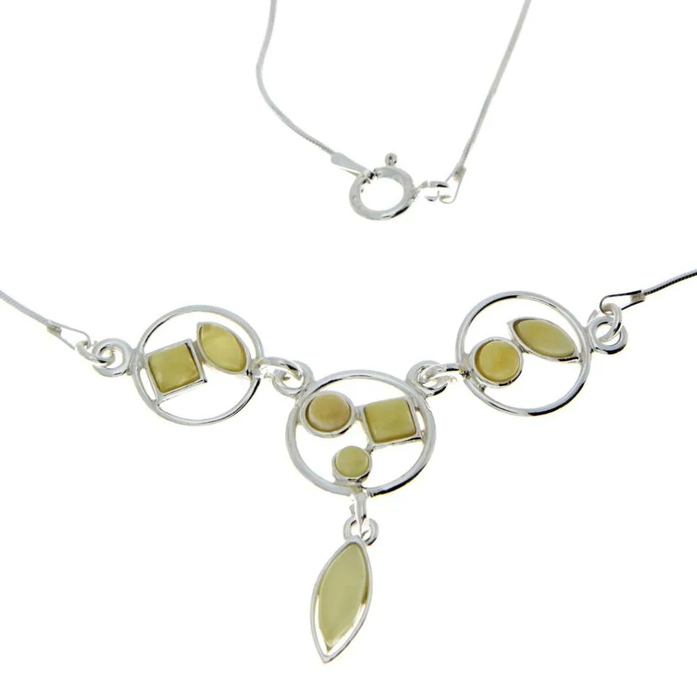 925 Sterling Silver & Genuine Baltic Amber Multi Stones Modern Necklace - M912