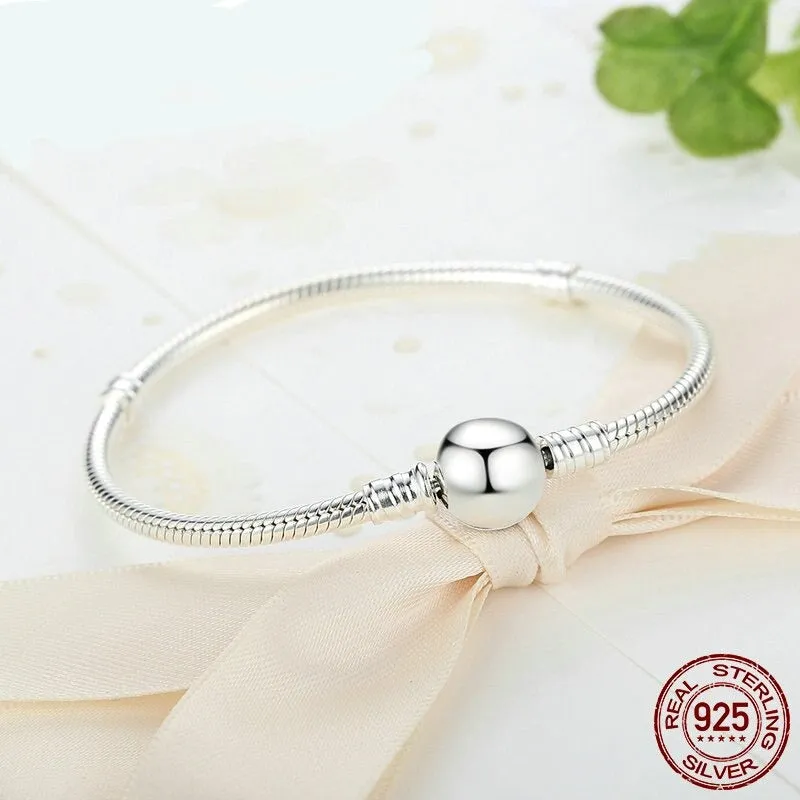 925 Sterling Silver Luxury 100% Sparkling Heart Snake Chain Fit Original Charm Bracelet Bangle for Women Fine Jewelry.