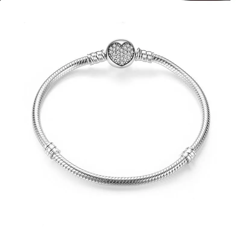 925 Sterling Silver Luxury 100% Sparkling Heart Snake Chain Fit Original Charm Bracelet Bangle for Women Fine Jewelry.