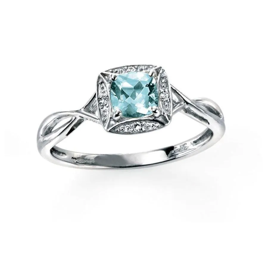 9ct White Gold Round Cut Aquamarine & Square Shaped Diamond Halo Twist Ring