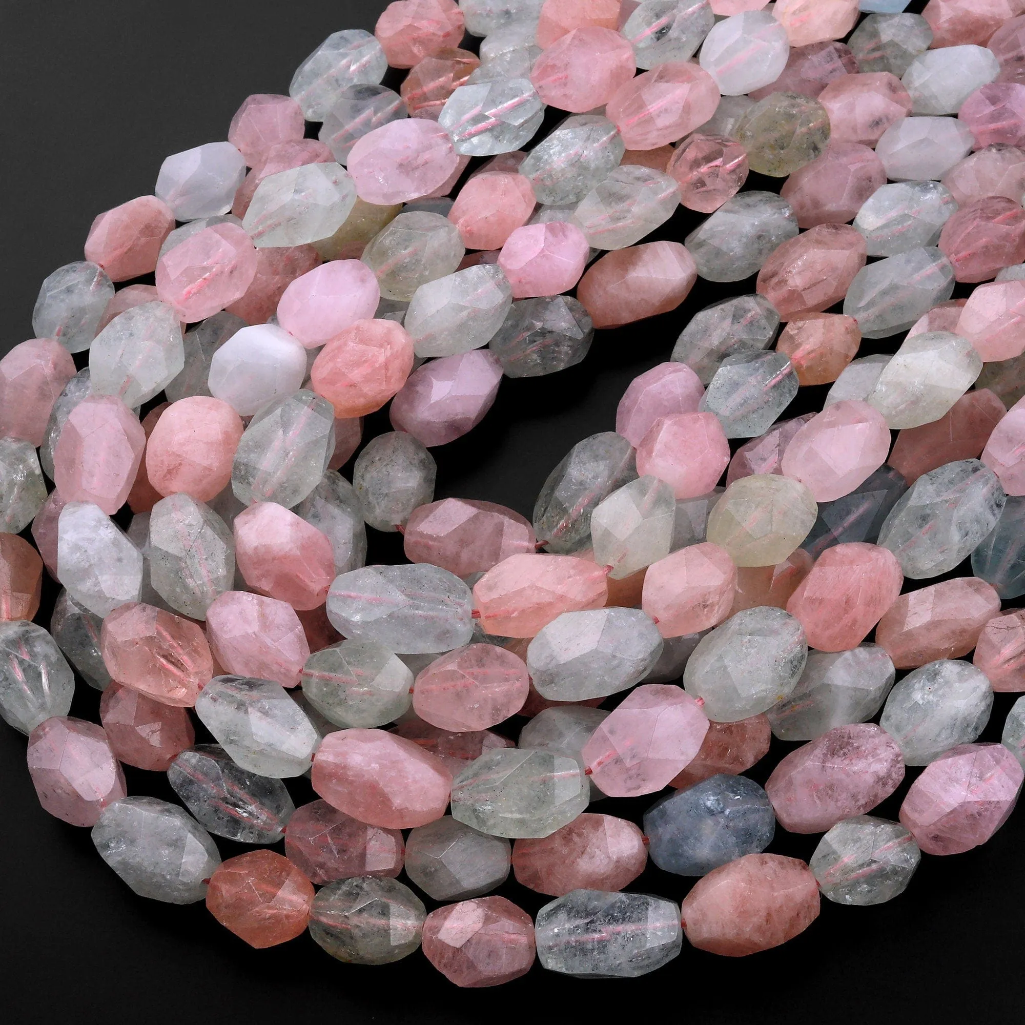 AAA Faceted Natural Sea Green Aquamarine Pink Morganite Faceted Nuggets Beads 15.5" Strand