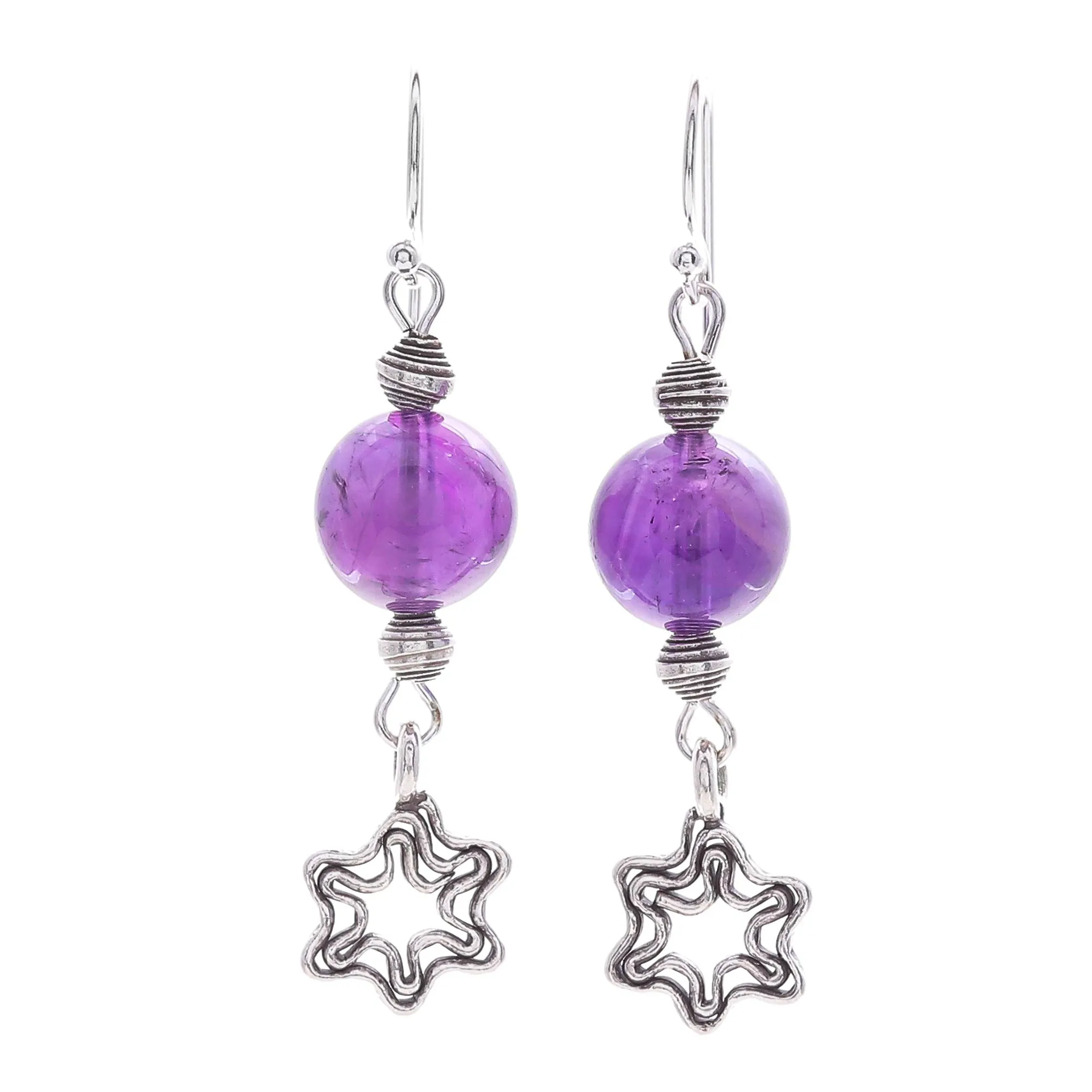 Amethyst Dangle Earrings with Star Motif - Center Stage in Purple | NOVICA