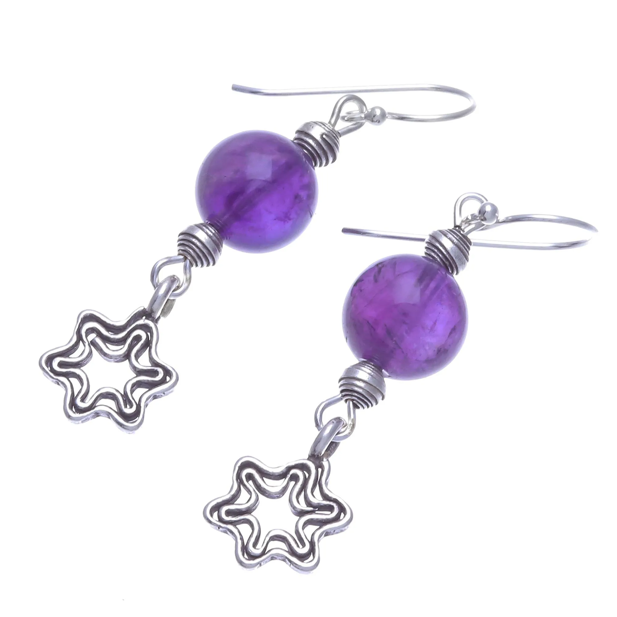 Amethyst Dangle Earrings with Star Motif - Center Stage in Purple | NOVICA