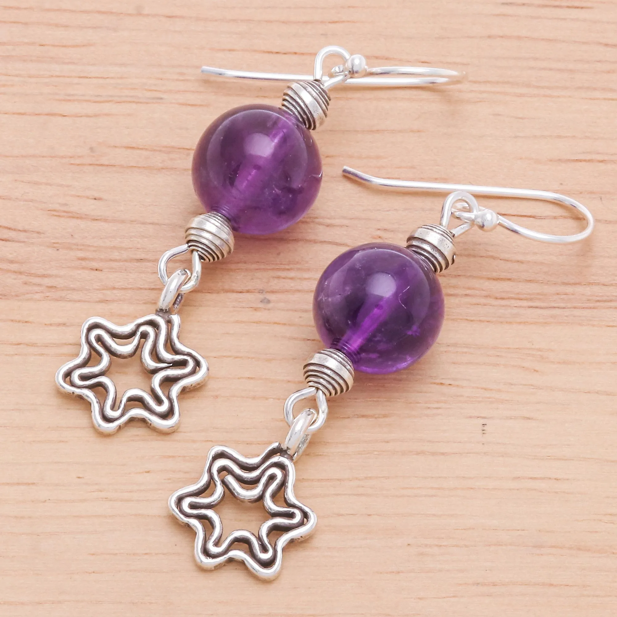 Amethyst Dangle Earrings with Star Motif - Center Stage in Purple | NOVICA