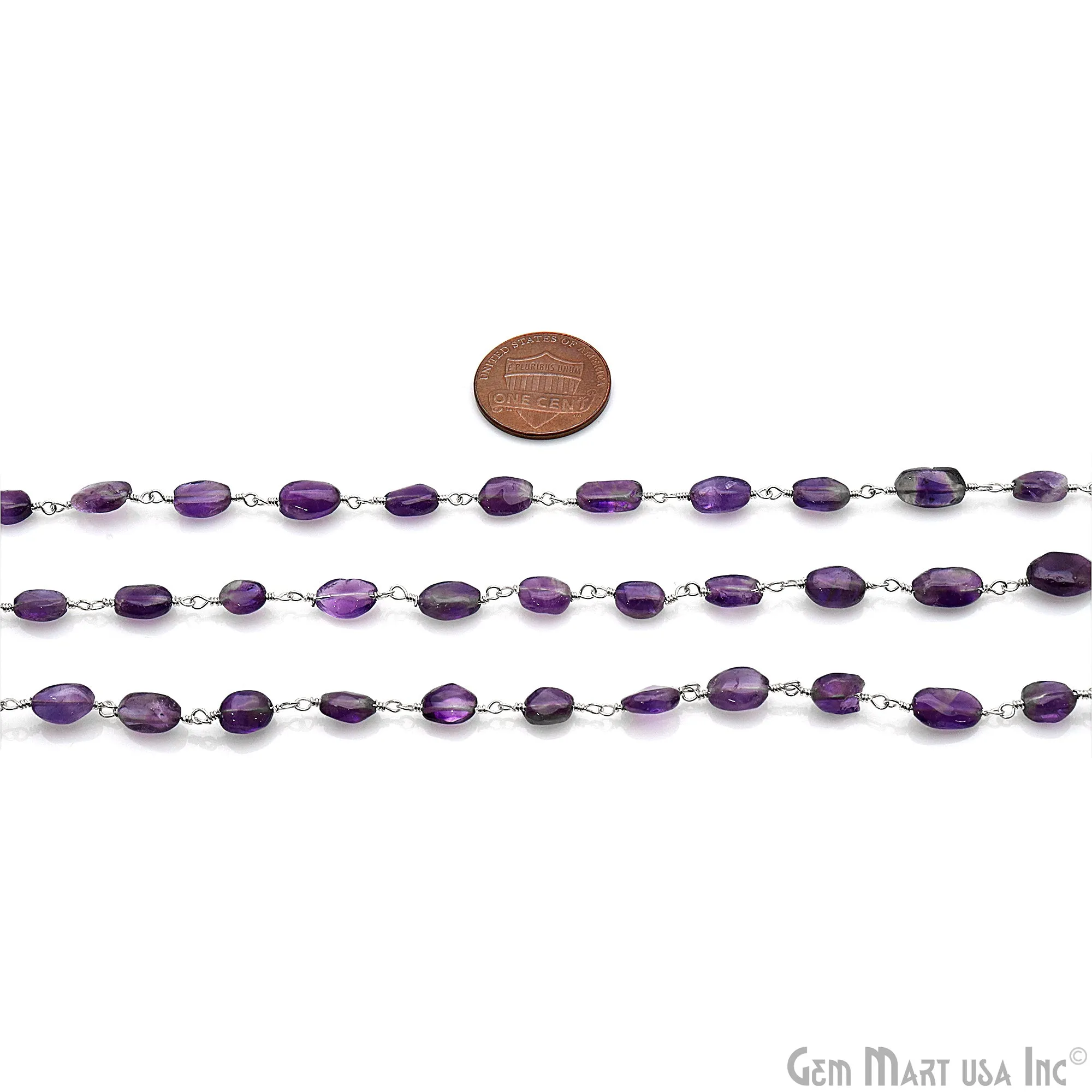 Amethyst Free Form 10x6mm Silver Wire Wrapped Rosary Chain