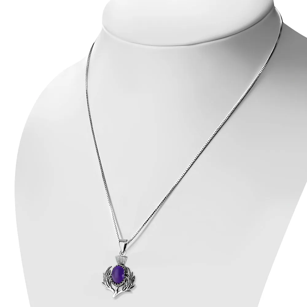 Amethyst Stone Scottish Thistle Silver Pendant