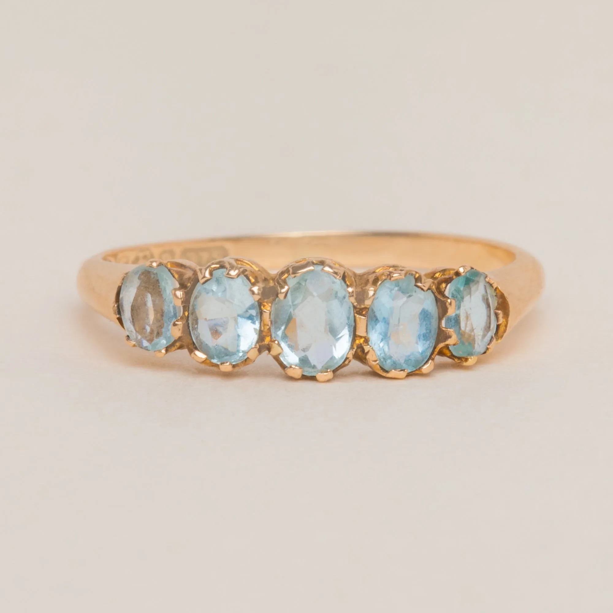 Antique 9ct Gold Aquamarine Five Stone Ring, c.1902