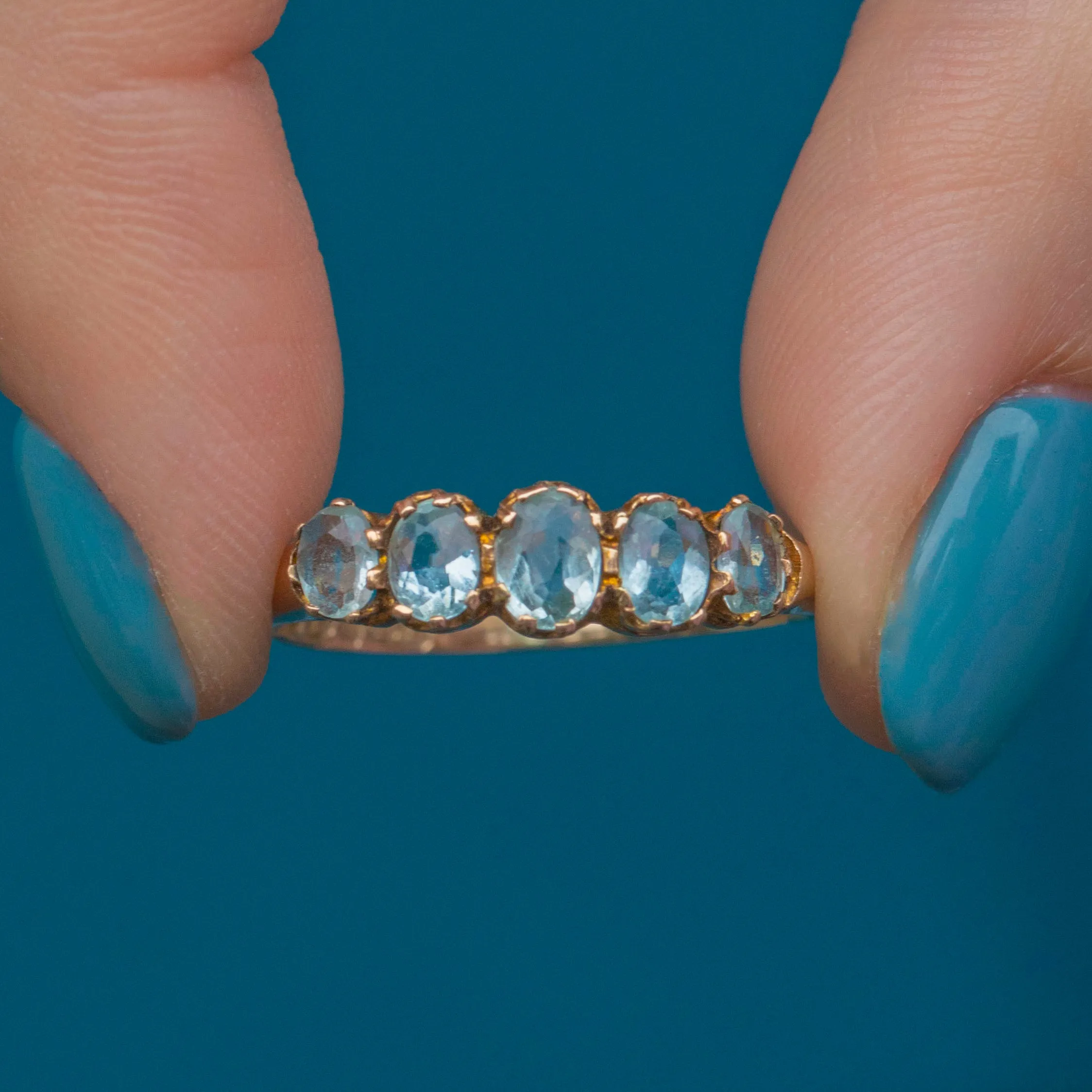 Antique 9ct Gold Aquamarine Five Stone Ring, c.1902