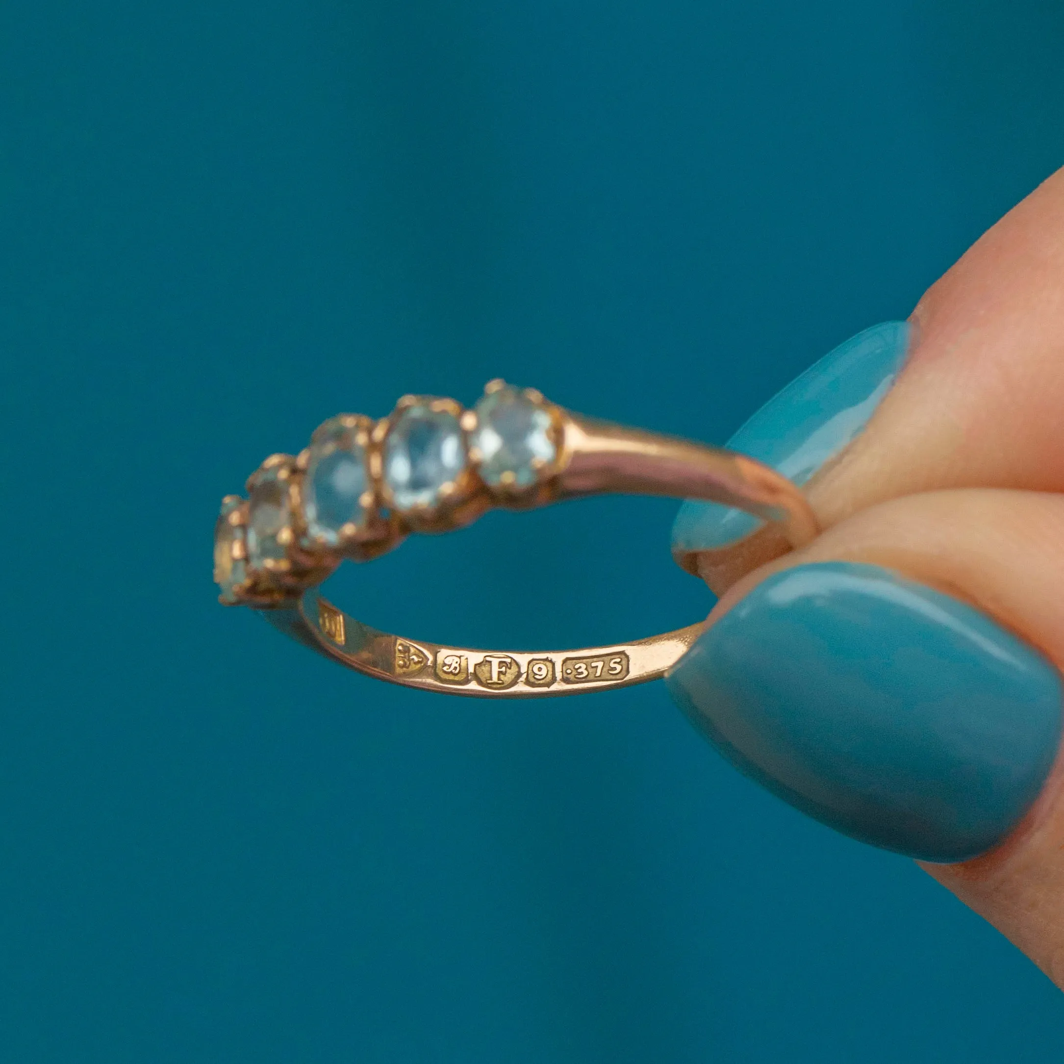 Antique 9ct Gold Aquamarine Five Stone Ring, c.1902